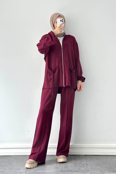 lamelif Double Suit with Pockets in Burgundy
