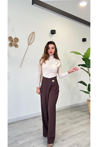 modadagiyim Pantaloni de damă cu talie înaltă, cu nasturi cu pietre speciale,...