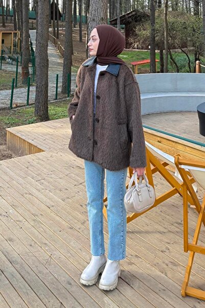 lamelif Leather Collar Coat Bitter Brown