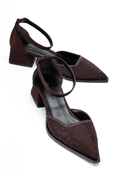 bakacstore Pantofi cu toc scurt din țesătură din piele intoarsa, maro amar, s...