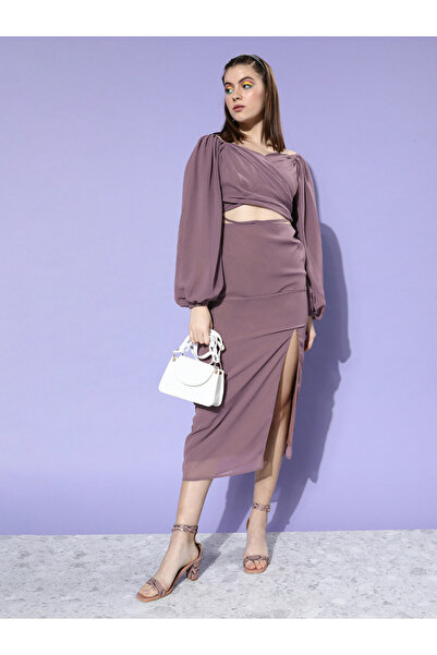 Mish By Styli Women Lilac Balloon Sleeve Wrap Midi Dress with Cut-Out Detail
