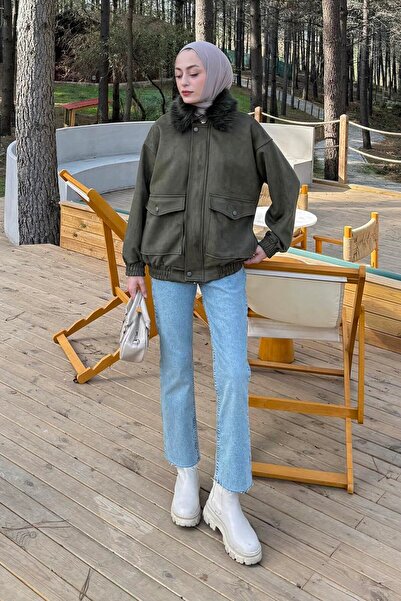 lamelif Fur Collar Pocketed Coat Khaki