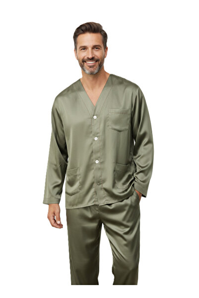 Oppland طقم بيجامة رجالي من قماش الساتان، موديل برايم، مريح مع جيوب، مقاس كامل