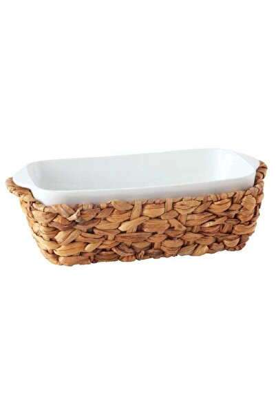 Bien Servi 2-Piece Ceramic Rectangular Serving Dish with Rattan Basket White ...