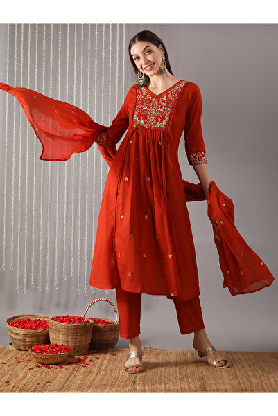 Globus By Styli Women Rust Floral Embroidered Kurta with Pant and Dupatta Set