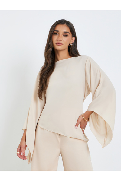 Styli Women Beige Batwing Sleeve Asymmetric Hem Blouse