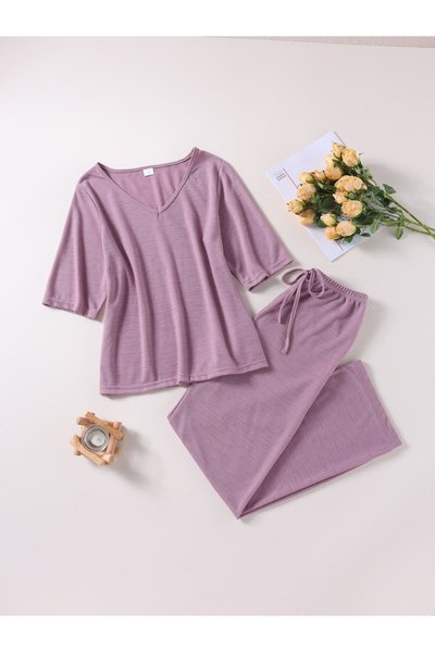 Take Two By Styli Women Pink Textured Knit Top and Pyjama Set