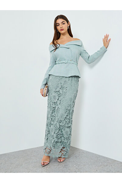 Styli Women Blue Lace Off-Shoulder Sheath Maxi Dress