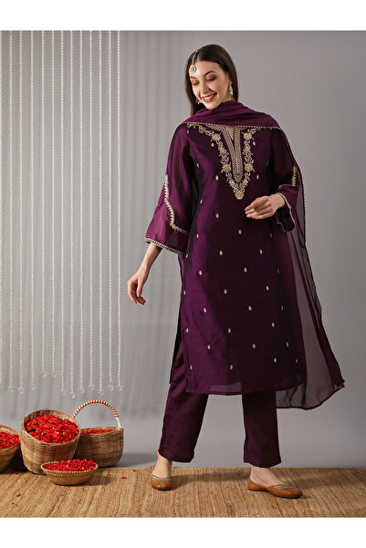 Globus By Styli Women Purple Embroidered Straight Kurta with Pant and Dupatta...