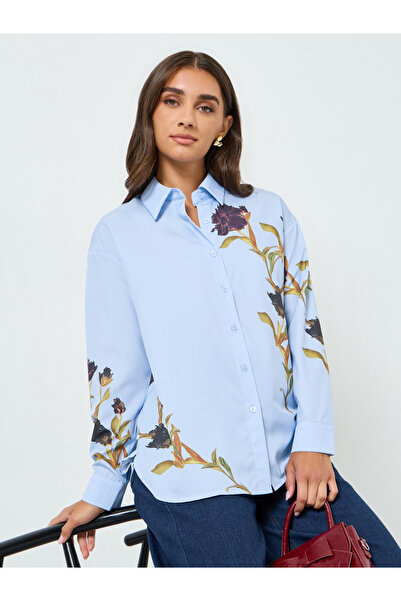 Styli Women Blue Placement Floral Print Oversized Shirt