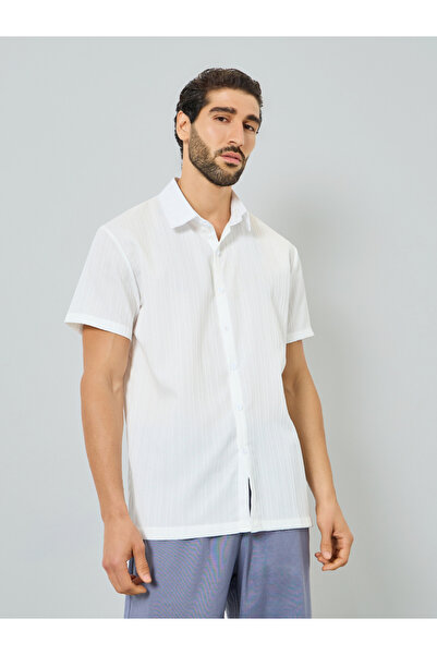 Take Two By Styli Men White Textured Short Sleeve Shirt