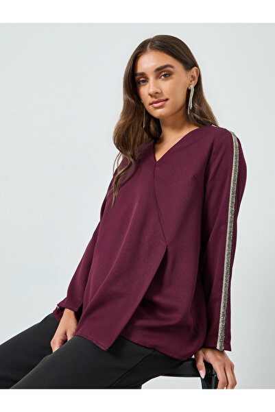 Styli Women Burgundy Embellished Sleeve Blouse