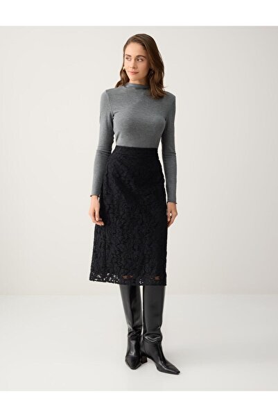 Jimmy Key Siyah Normal Bel Dantel Detaylı Dokuma Midi Etek