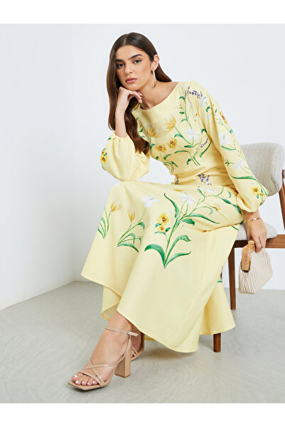 Styli Women Yellow Floral Print Balloon Sleeves Maxi Dress