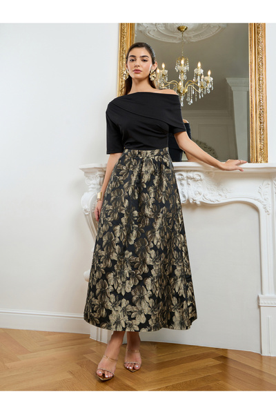 Styli Women Gold Floral Off Shoulder A-Line Maxi Dress