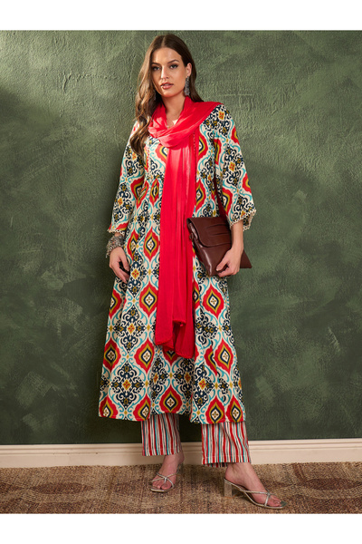 Sassafras By Styli Women Printed Straight Cotton Kurta with Pants and Dupatta...