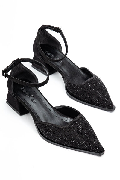 bakacstore Pantofi cu toc scurt din țesătură de piele întoarsă, neagră, străl...