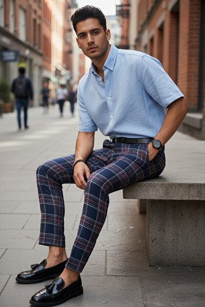 dehaine Men's casual pants, plaid, Slim Fit, Navy blue, B1834