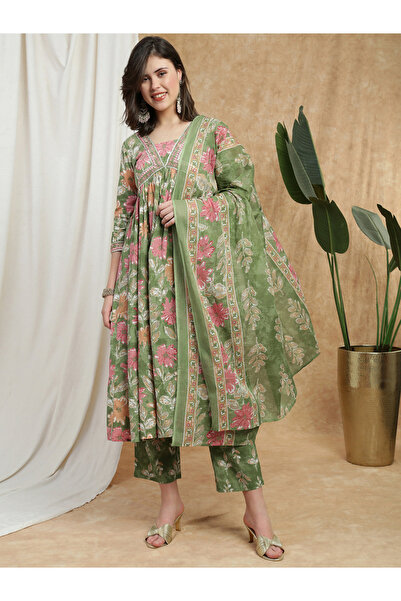 Globus By Styli Women Green Floral Print Embroidered Kurta with Pant and Dupa...