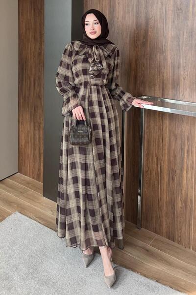 STİLBOON Kareli Elbise 1076 Kahve