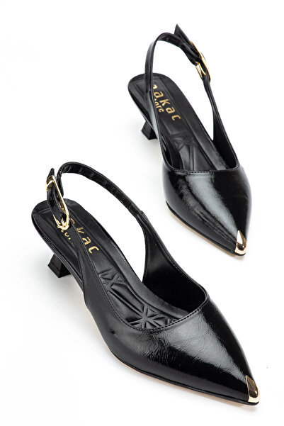 bakacstore Pantofi de damă din piele lacuită neagră, cu toc scurt și detaliu ...