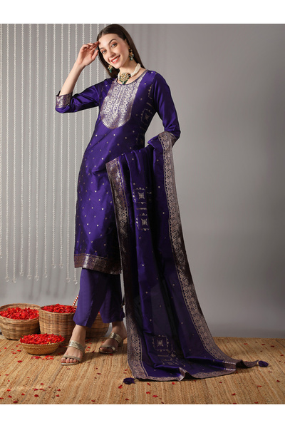 Globus By Styli Women Navy Blue Embroidered Straight Kurta with Pant and Silk...