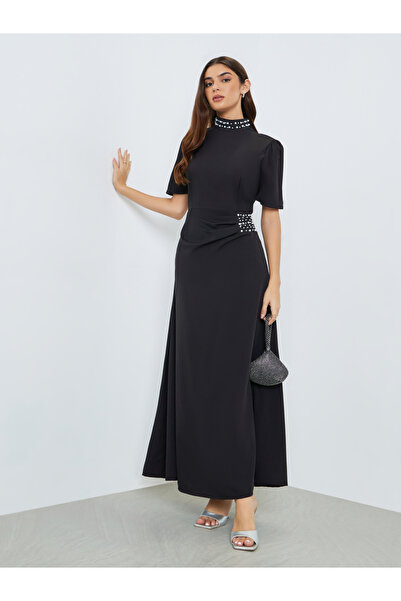 Styli Women Black Embellished Beaded Maxi Dress