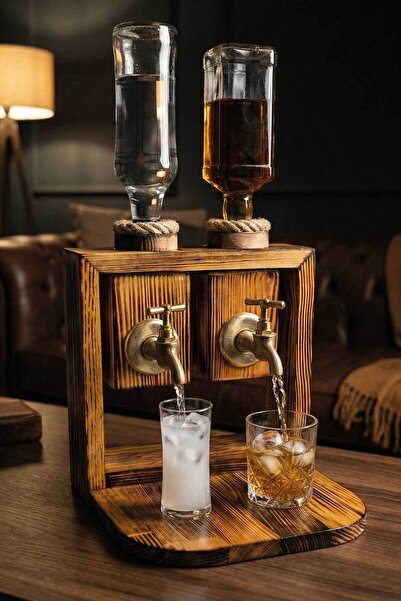 MiniVagon Rustik Ahşap 2'li Viski Standı Çift Musluklu İçki Çeşmesi Dispanser...