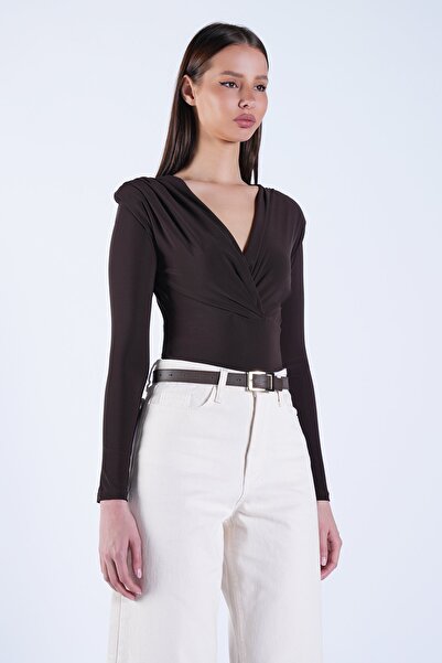 Trend Alaçatı Stili Women's brown double-breasted blouse with shoulder pads a...