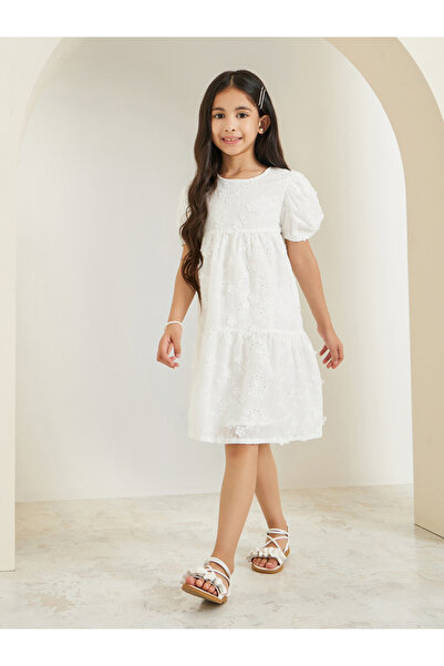 Styli Girls White Floral Puff Sleeve Dress