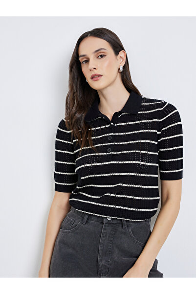 Styli Women Striped Flat Knit 100% Cotton Polo T-Shirt