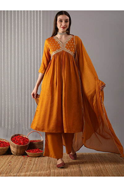 Globus By Styli Women Mustard Embroidered Detail Kurta with Pant and Dupatta Set