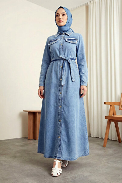 MODAQU Long Denim Dress with Belt - Ice Blue