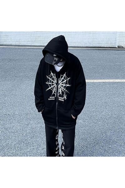 AZIZI TEKSTIL Štampano Oversize kroj Crni unisex kardigan sa patentnim zatvar...