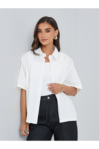 Styli Women White Solid Oversize Short Sleeve Shirt