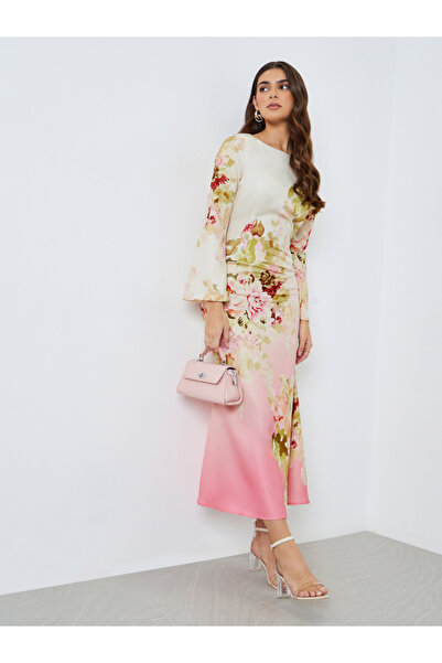 Styli فستان ماكسي ضيق بأكمام واسعة مزين بنقوش زهور للنساء