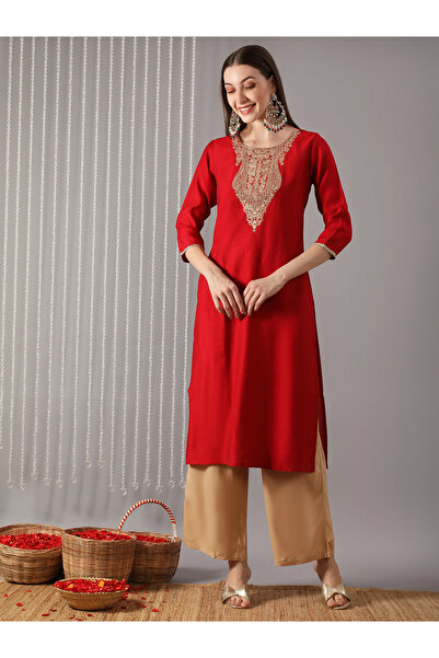Globus By Styli Women Red Round Neck Embroidered A-Line Kurta