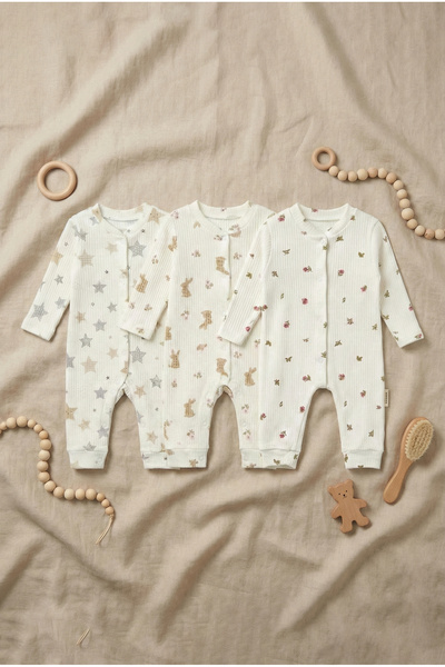 Noone Yumuşak Pamuklu 3'lü Bebek Tulum Seti Fitilli Yıldız Tavşan ve Çiçek De...