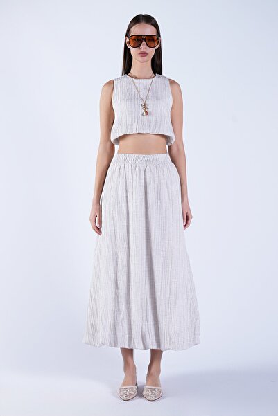 Trend Alaçatı Stili Women's Sand Beige Natural Textured Lined Balloon Skirt a...