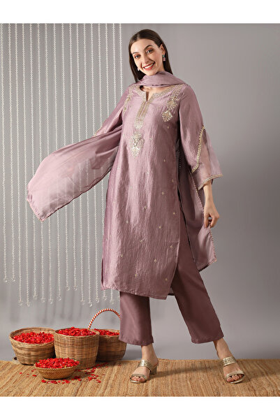 Globus By Styli Women Lavender Ethnic Print Straight Kurta with Pant and Dupa...