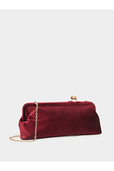 Styli Burgundy Velvet Clutch with Chain Strap