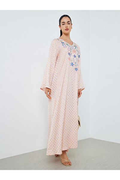 Styli Women Pink Foil Print Embroidered A-Line Jalabiya