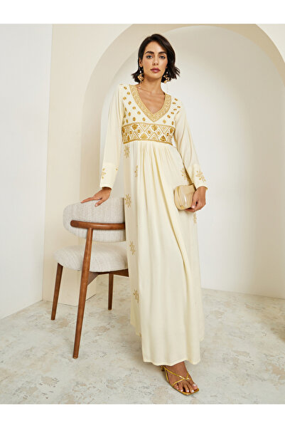 Styli Women Cream Embroidered A-Line Jalabiya