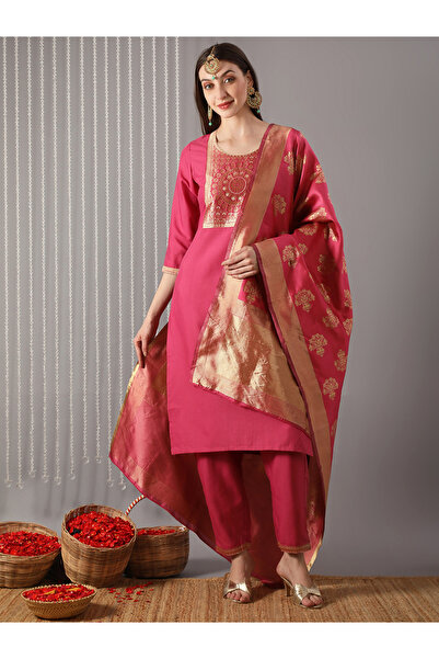 Globus By Styli Women Pink Round Neck Yoke Kurta with Pant and Dupatta Set