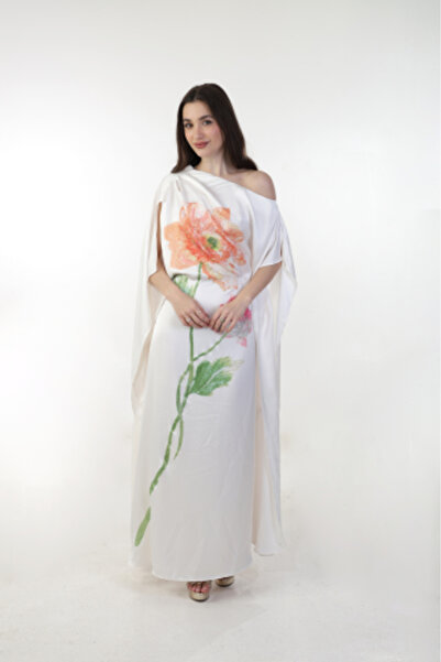 it's Mine New Silk Caftan in White with Floral Design