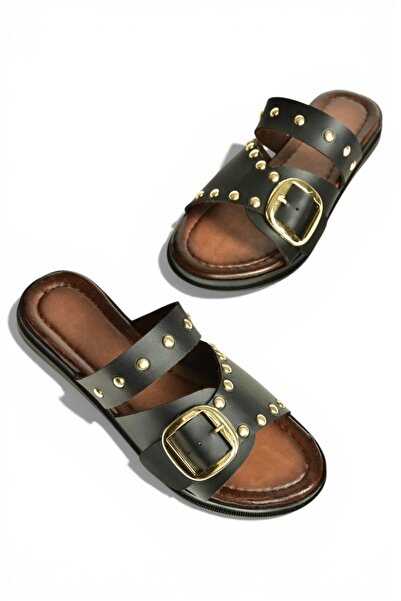 Fox Shoes Y390450703 Черни дамски пантофи от естествена кожа с шипове