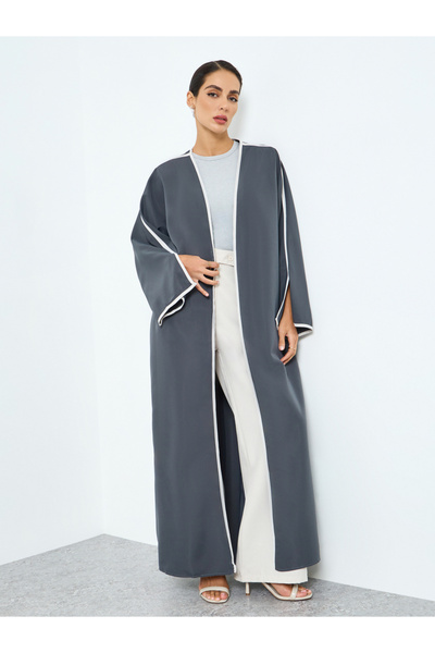 Take Two By Styli Women Grey Contrast Piping Slut Sleeve Abaya