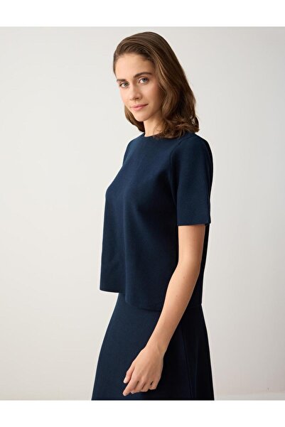 Jimmy Key Тъмносин пуловер с къс ръкав и обло деколте