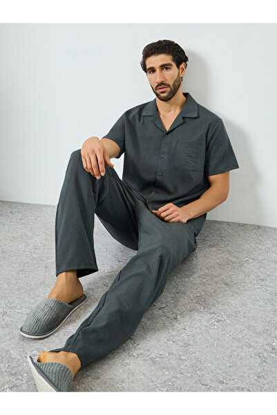 Styli Men Charcoal Buttoned Shirt and Pyjama Set