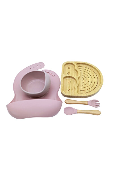 Zenva Set de hrănire din bambus pentru diversificare, 6+ luni, 5 piese, culoare roz, model curcubeu